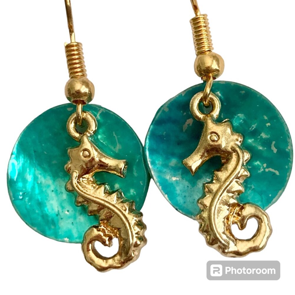 Gold Shell Seahorse Earrings Plated Aqua Blue Bead Island Beach Nautical Plated
